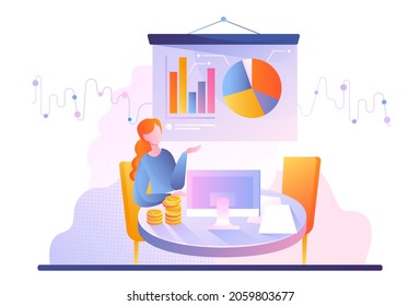 Girl preparing presentation. Employee sets up graphs and charts. Information, infographics. Employee prepares for public speech. Cartoon flat vector illustration isolated on white background