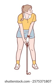 A girl preparing to swing golf club, wearing yellow shirt and blue shorts