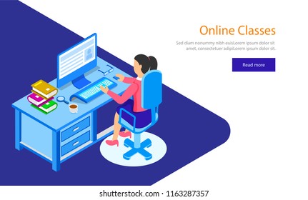 Girl preparing through online classes Isometric illustration, responsive web template for E- Learning concept.