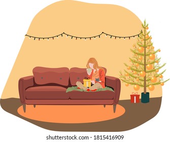 Girl With Present On Christmas Eve Sitting On The Couch With A Cat. New Year Mood, Merry Christmas. Holidays Alone Or Waiting For Guests, Articles, Posters. Banners. Cute Cartoon Vector Illustration