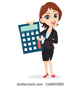 Girl presenting a big calculator blank empty display show tax financial banking insurance profit loss calculation