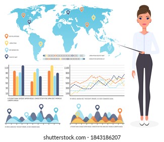 Girl presenting board with data and information infographic on the world map. Young woman submits a progress report, standing at big board pointing graphs. Page with different diagram and indicators