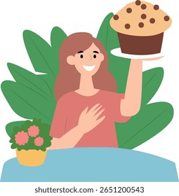 Girl Presenting Delicious Chocolate Muffin peeking, happy National Muffin Day