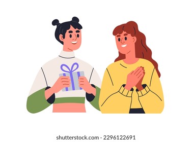 Girl presenting gift in wrapped box to happy woman friend. Young girlfriends giving and receiving giftbox, holiday surprise with ribbon bow. Flat vector illustration isolated on white background