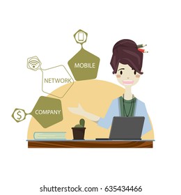 Girl with a presenting her report through info graphics. Presentation concept. Vector flat design illustration. Horizontal layout with a text space in a left hand.
