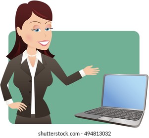 Girl presenting laptop data.