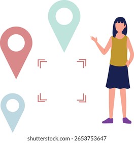 Menina apresenta geolocalização com alfinetes: um mapa digital adornado com alfinetes indicando locais significativos, destacando memórias, viagens ou lugares significativos,