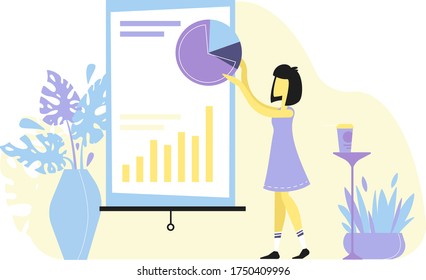 The girl presents good progress. The results of productive work. A woman shows how all the results in the business have grown. Infographics with increasing values.