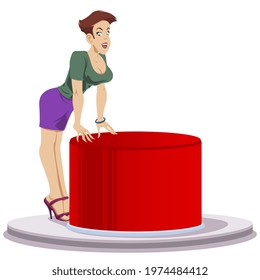 Girl presses red start button. Young woman facing a dilemma. Startup key. Illustration concept for mobile website and internet development.