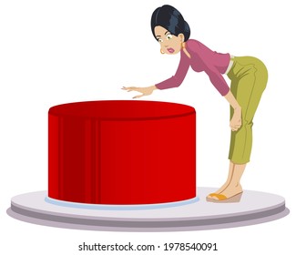 Girl presses red start button. Young woman facing a dilemma. Startup key. Illustration concept for mobile website and internet development.