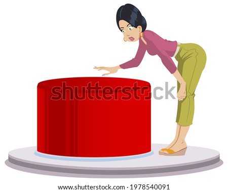 Girl presses red start button. Young woman facing a dilemma. Startup key. Illustration concept for mobile website and internet development.