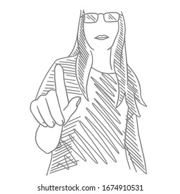 The girl presses a virtual button. 
