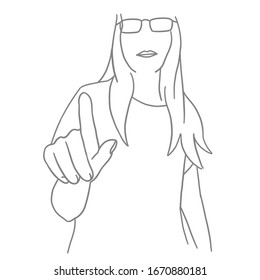 La chica presiona un botón virtual. Mano y dedo. Mujer con el dedo índice. Esbozar línea dibujada a mano. Ilustración vectorial.