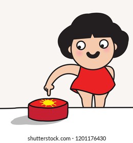 Girl Pressing The Sun Button To Start Her Day Concept Card Character illustration