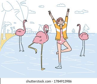 A girl is pretending to be a flamingo at a resort. hand drawn style vector design illustrations. 