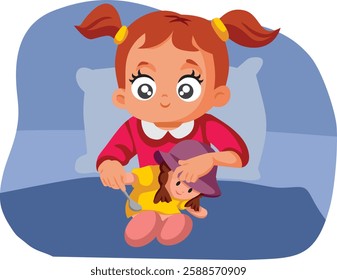 
Girl Pretending to Be a Mom Feeding Doll Vector Cartoon Illustration. Child role-playing as a mother spoon feeding a toy 
