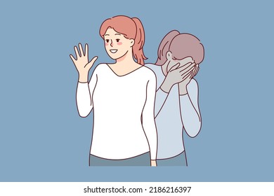 Girl Pretending Happy And Smiling Suffering From Depression Mental Breakdown. Young Woman Struggle With Psychology Problems Inside. Vector Illustration. 