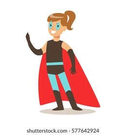 Girl Pretending To Have Super Powers Dressed In Superhero Costume With Red Cape And Make Up Smiling Character
