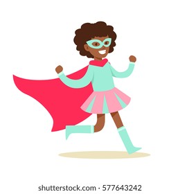 Girl Pretending To Have Super Powers Dressed In Pink And BLue Superhero Costume With Cape And Mask Smiling Character