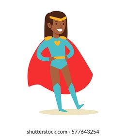 Girl Pretending To Have Super Powers Dressed In Blue Superhero Costume With Red Cape And Diadem Smiling Character