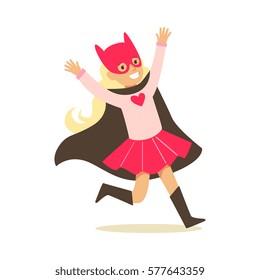Girl Pretending To Have Super Powers Dressed In Pink Superhero Costume With Black Cape And Cat Mask Smiling Character