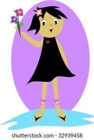 Girl with Pretty Flowers Vector