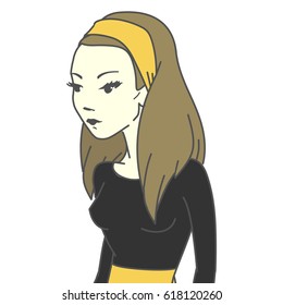 Girl in Primrose Yellow color headband and black dress. Vector illustration