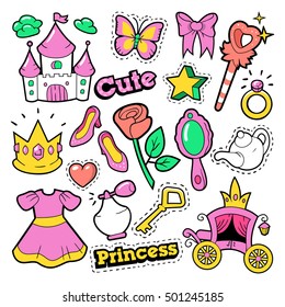 Bellas para princesas, parches, pegatinas - Corona, castillo, corazón, anillo en estilo de comic de arte pop. Ilustración del vector