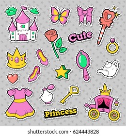 Girl Princess Badges, Patches, Stickers With Crown, Castle, Heart, Ring. Vector Illustration