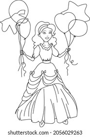 girl princess with balloons vector illustration coloring outline