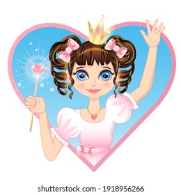 Girl in a princess crown with a magic wand waves her hand. Fairy tale, little sorceress on the background of the heart. Image as a design element isolated from the background.