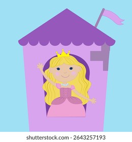 Menina princesa em um vestido fofo, com uma coroa, sorrindo, sentado em uma torre e acenando a mão, crianças, conto de fadas, princesa, coroa, fundo azul