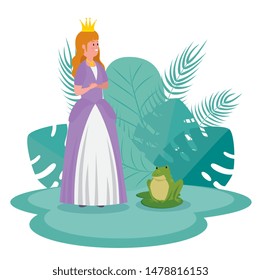 girl princess with frog and leaves with branches plants