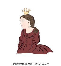 Girl princess in gold crown and dark red dress. Book illustration. 