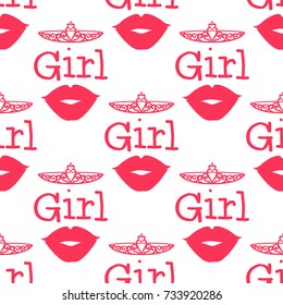 Girl Princess Lips. Seamless repeating pattern. Lettering princess isolated on white background. Vector illustration.