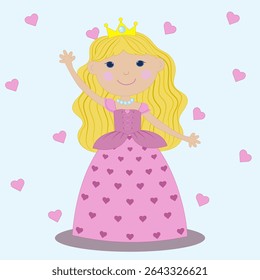 Menina princesa em um vestido fofo rosa com corações, em um fundo branco, em um colar, com uma coroa, sorrindo, de pé e acenando sua mão