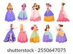 Girl Princess in Pretty Dress and Attire Standing and Smiling Vector Set