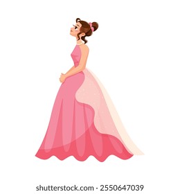 Niña princesa en bonito vestido y atuendo de pie y sonriente Ilustración vectorial