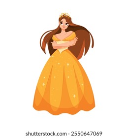 Niña princesa en bonito vestido y atuendo de pie y sonriente Ilustración vectorial