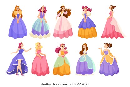 Girl Princess in Pretty Dress and Attire Standing and Smiling Vector Set