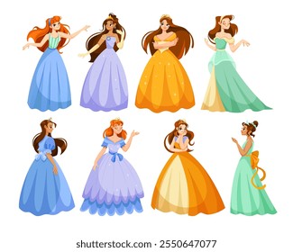 Girl Princess in Pretty Dress and Attire Standing and Smiling Vector Set