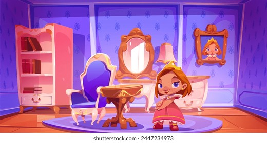 Girl in princess room wear cute dress and crown. Cinderella girly house interior with table and royalty furniture design. Fairy tale story wallpaper with preschool child character pose and smile.