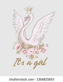 It's a girl and princess swan. Cute ballet print design. Hand drawn vector sketch. Gold and pink vintage watercolor illustration on white background. Baby fashion design.