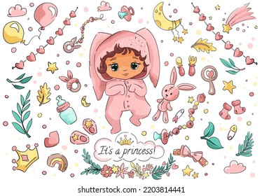 It's a girl or princess template. Baby shower banner. Big set with cartoon newborn girl, rabbit, balloons and flowers, clouds, moon, stars, crown, toys. Vector cute children illustration