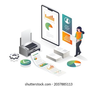 Girl is printing data analysis reports and invoices