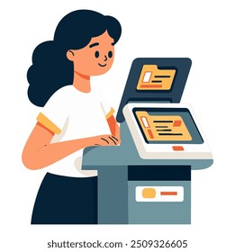 Girl Printing on a Printing Machine. Flat Vector Illustration