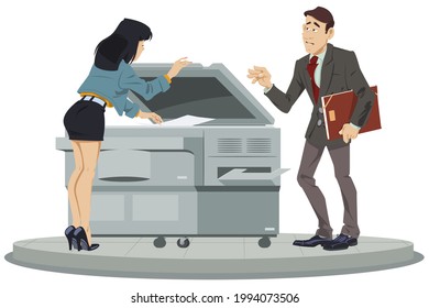 Niña imprime documentos en la impresora. Trabajo de oficina. Mujer usando fotocopiadora. Concepto de ilustración para el desarrollo de sitios web móviles y de Internet.
