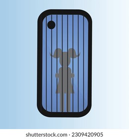 Girl prisoner in a smartphone, technology addiction concept