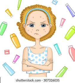 Girl with problem skin and with sad displeased face is keeping her arms crossed over her chest. Various cosmetic products are behind a girl. Skin care and beauty concept