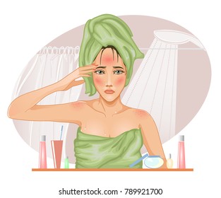 Girl with problematic skin in the bath, vector image, skin allergy, vector image, eps10